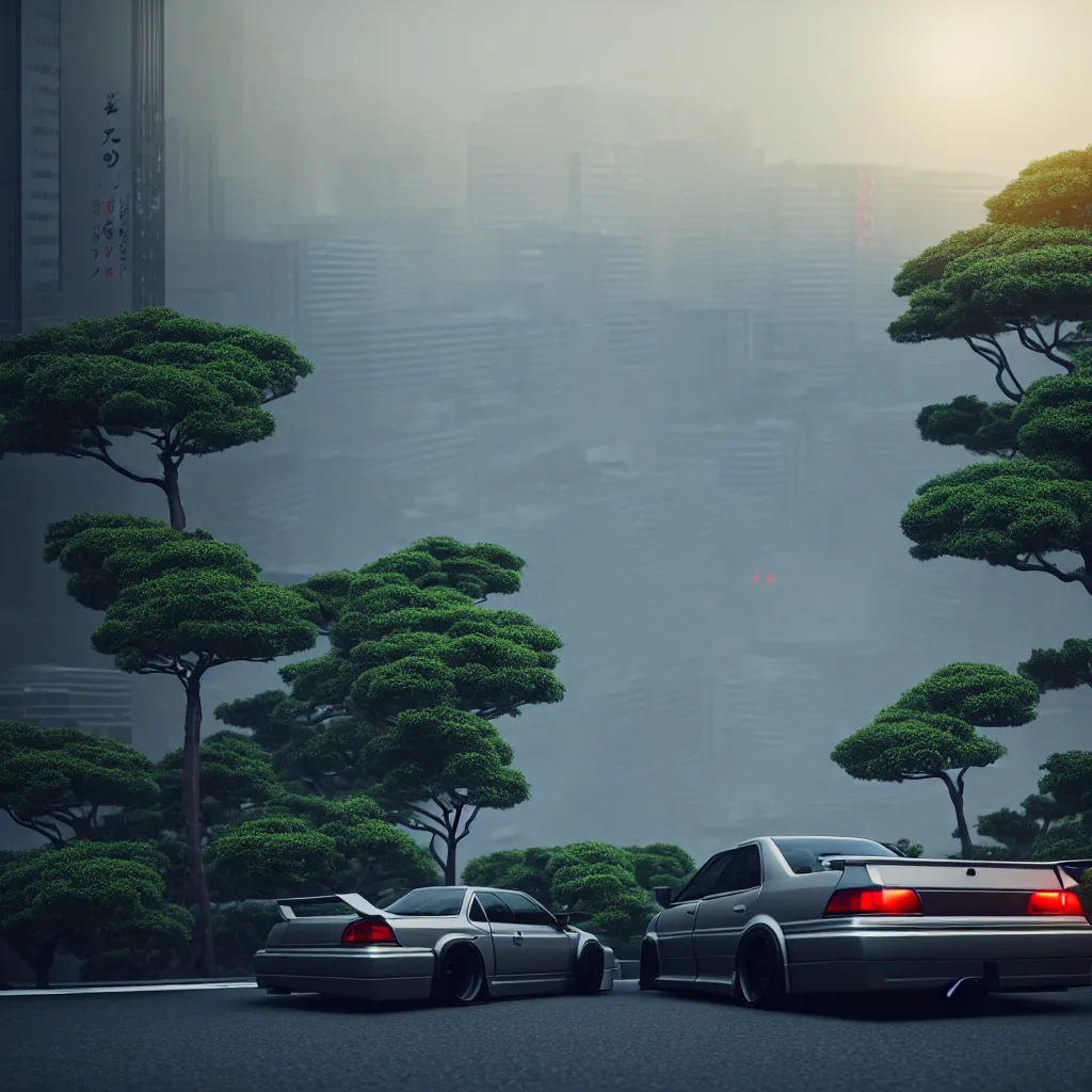 Image similar to car in center JZX100 twin turbo drift on a road, surrounded by trees and buildings in Tokyo prefecture, rooftops are Japanese architecture, city at sunset heavy mist over streetlights, cinematic lighting, photorealistic, detailed wheels, highly detailed, octane render