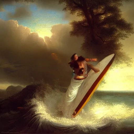 Prompt: Romanticism painting of a fat man surfing, Pierre-Auguste Cot, dramatic lighting, water spray, glistening