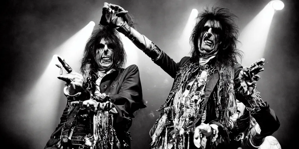 Image similar to Alice cooper on stage by terry gillam, detailed, weird, surrealistic,