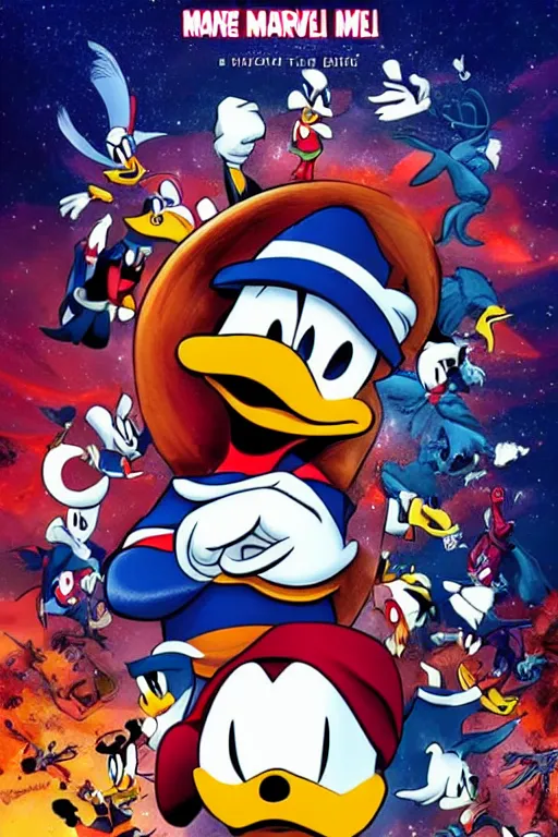 Image similar to donald duck starring in marvel end game, movie poster, cinematic, uncluttered