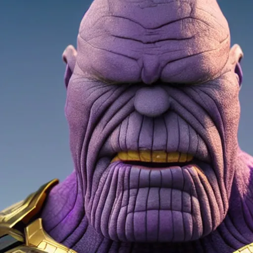 Prompt: thanos as a muppet. purple skin. highly detailed felt. hyper real photo. 4 k.