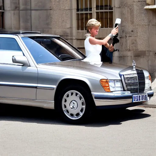 Prompt: princess Diana taking selfie next to silver Mercedes-Benz W140, photograph, image, 4k HDR, trending on artstation,