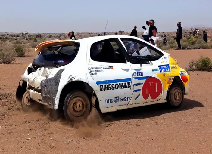 Prompt: a familj car nissan micra broke down in the desert during paris dacar rally