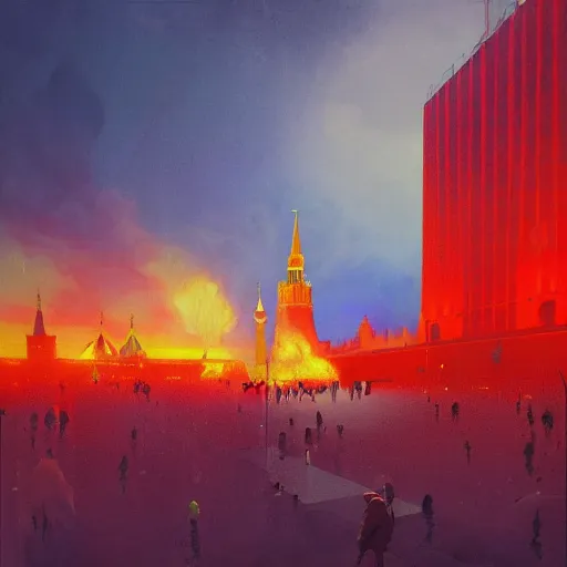 Image similar to a painting of a burning Red Square in Moscow, a watercolor and matte painting by Beeple and RHADS and maxfield parrish, cgsociety, brutalism, dystopian art, sci-fi, artstation hq