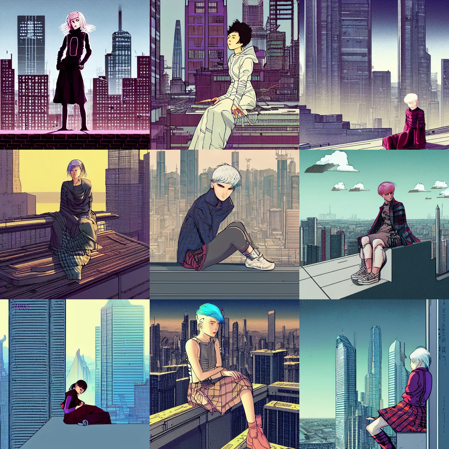 Prompt: young cyberpunk woman with short white hair and grey eyes. She is apathetic. She is wearing a plaid skirt. She is sitting on a rooftop ledge. The ledge overlooks a modern city skyline. Album art in the style of Moebius, in the style of Peter Chung. Award winning.