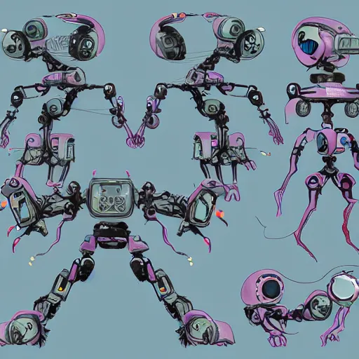 Prompt: character sheets for a friendly tripod vampire squid robot made of broken parts that loves cats and has an led screen face, inspired by splatoon by nintendo, art by tim schafers work on psychonauts 2 from double fine, anime, vhs distortions