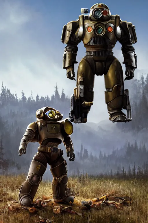 Image similar to fallout 7 6 power armor, hyper realistic, design by mark ryden and pixar and hayao miyazaki, unreal 5, daz, hyperrealistic, octane render, cosplay, rpg portrait, dynamic lighting, intricate, that looks like it is from borderlands and by feng zhu and loish and laurie greasley, victo ngai, andreas rocha, john harris