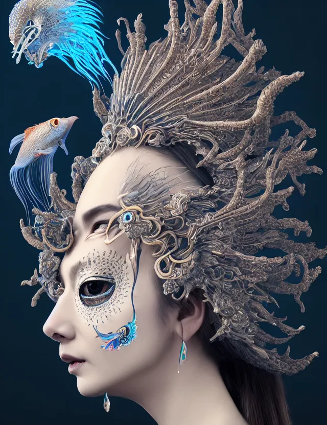 Image similar to 3 d goddess close - up profile portrait with crown, ram skull. beautiful intricately detailed japanese crow kitsune mask and clasical japanese kimono. betta fish, jellyfish phoenix, bio - luminescent, plasma, ice, water, wind, creature, artwork by tooth wu and wlop and beeple and greg rutkowski