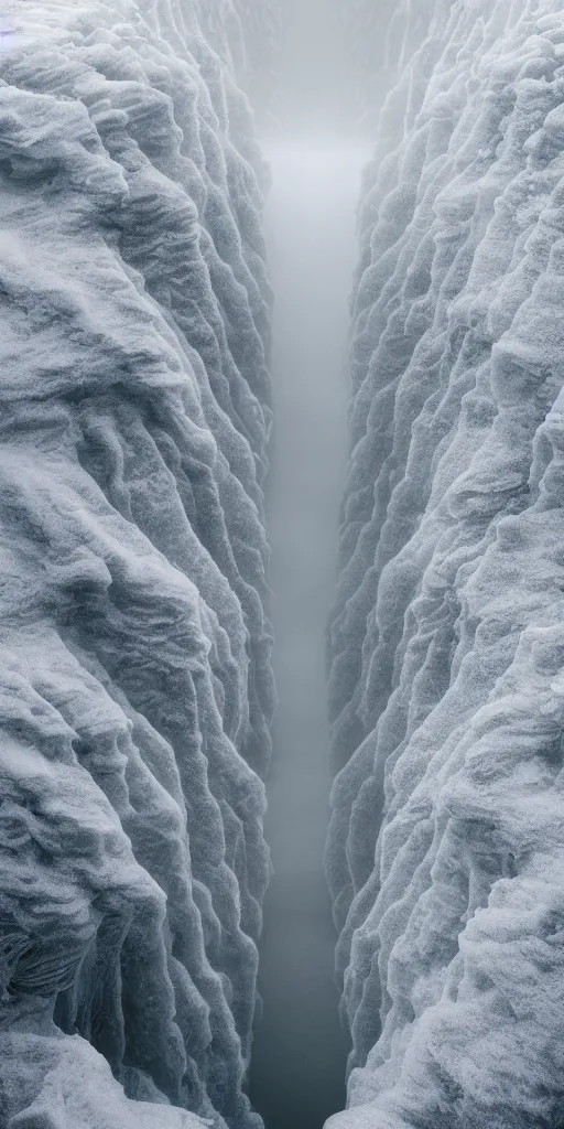 Image similar to dream looking through a hyper realistic photograph of a frozen icy canyon, minimal structure, misty, raining, meditative, timed exposure, icelandic valley, river, in the style of reuben wu, roger deakins