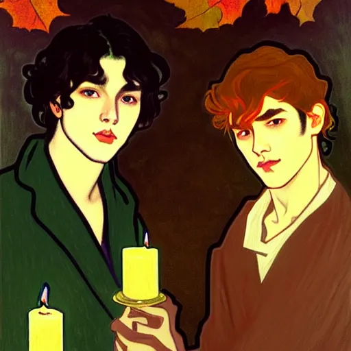 Image similar to painting of young cute handsome beautiful dark medium wavy hair man in his 2 0 s named shadow taehyung and cute handsome beautiful min - jun together at the halloween party, bubbling cauldron, candles, smoke, tarot, autumn colors, elegant, stylized, soft facial features, delicate facial features, art by alphonse mucha, vincent van gogh, egon schiele