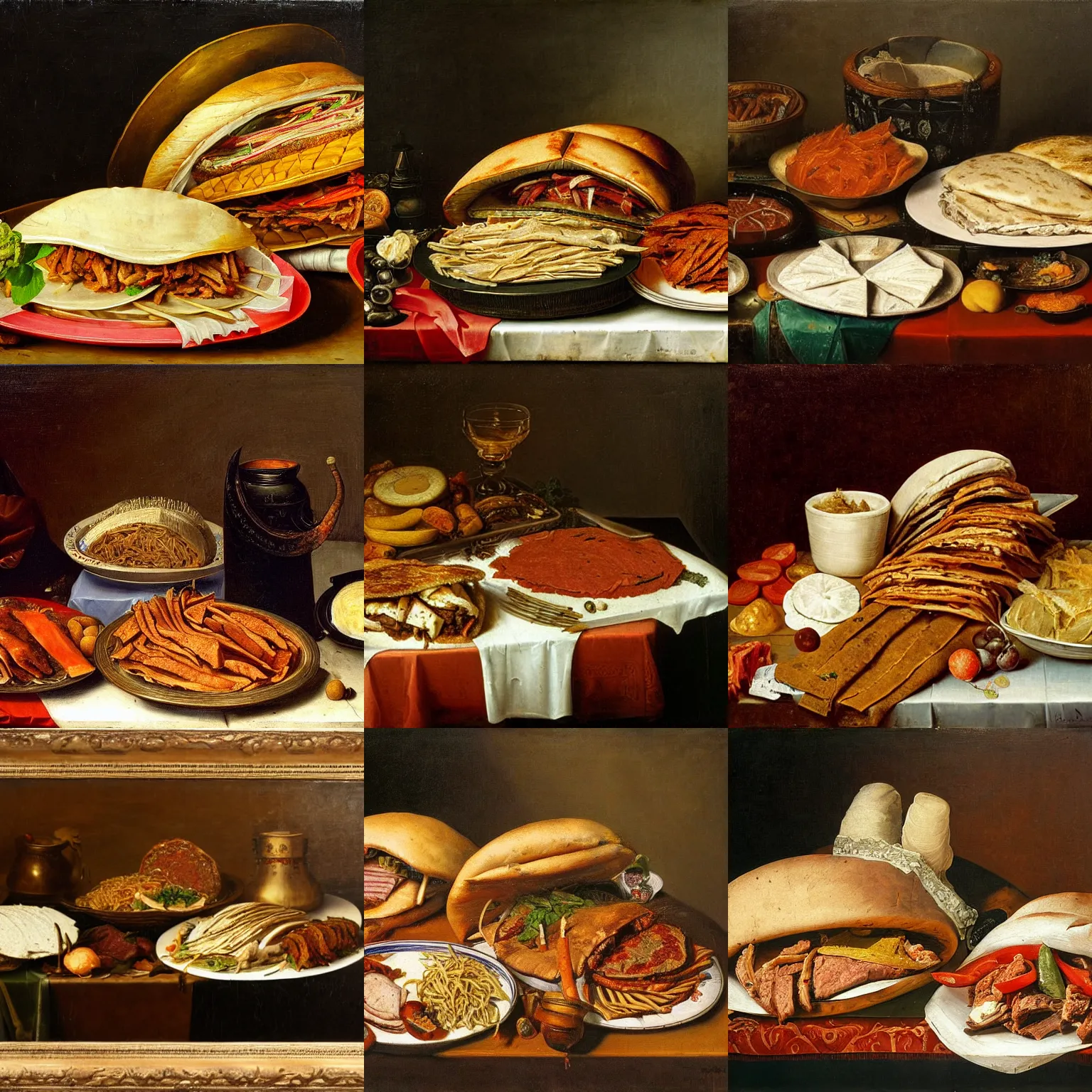 Prompt: Table full of Döner Kebab, Dutch Still Life of the 1600s, oil painting