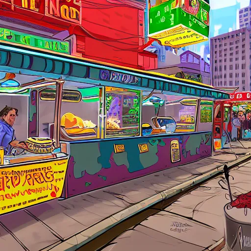 Image similar to the God Neptune trying to make a living selling burgers out of a food cart on a grimy subway platform in a cyberpunk city, 4k, digital art