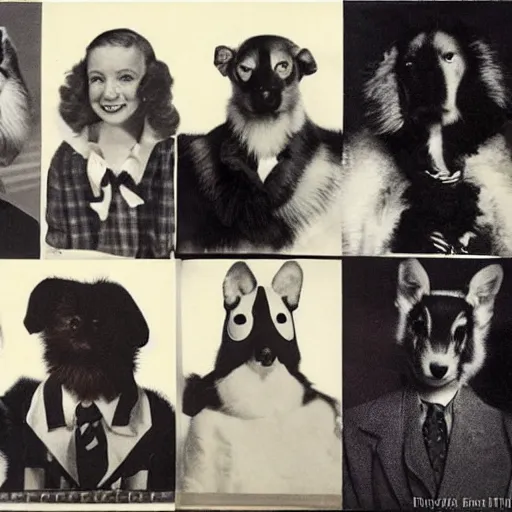 Image similar to a 1940s yearbook photo of animals dressed as people