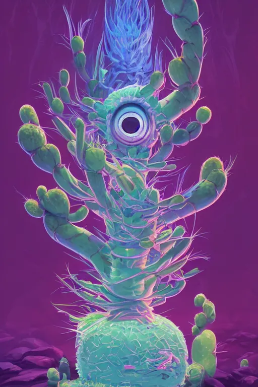 Image similar to roots cactus sushi cristal smurf ghost creature animal sushi cristal very big eye roots cactus elemental flush of force nature micro world fluo fishscale, behance hd by jesper ejsing, by rhads, makoto shinkai and lois van baarle, ilya kuvshinov, rossdraws radiating a glowing aura global illumination ray tracing hdr