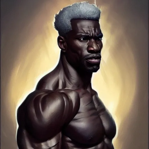 Image similar to wow, fanart hideous muscular black man with white hair and a protruding jaw with visible pectoral muscles, detailed, digital art, artstation, smooth, sharp focus, art by artgerm, greg rutkowski, alphonse mucha