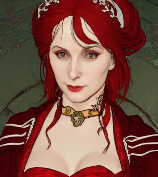 Image similar to Portrait of Triss from the Witcher 3 wearing red gothic lolita dress, perfectly drawn hands, beautiful, 4k, smooth, sharp focus, art by Alphonse Mucha and Shirow Masamune