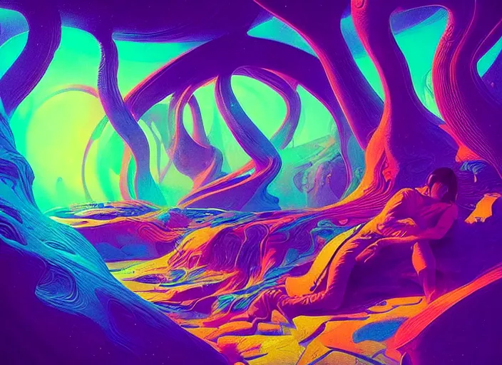 Prompt: “ a psychedelic portrait of dmt, vibrant color scheme, highly detailed, in the style of romanticism, cinematic, artstation, moebius, greg rutkowski ”