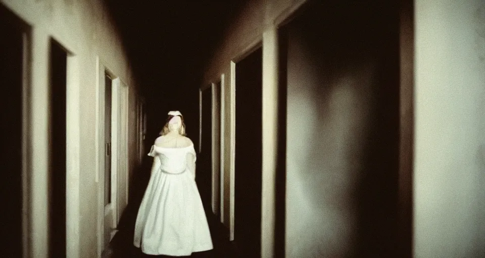 Image similar to A beautiful woman in white is walking dark hallway in old mansion at midnight , view from front, color film.