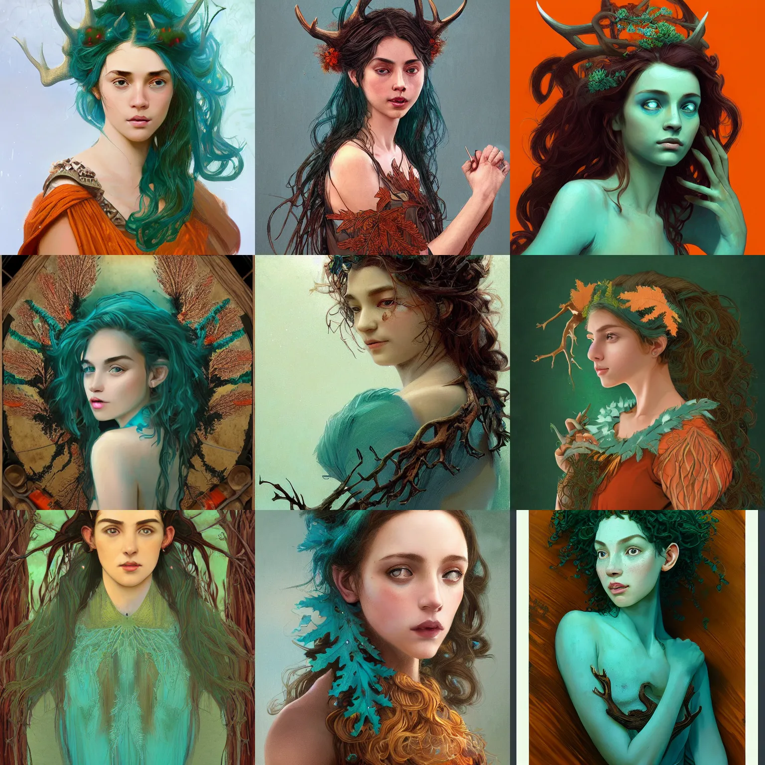 Prompt: beautiful digital painting of a young woman with teal skin and antlers made from wood on her head, brown curly hair with orange oak leaves, in a green dress D&D, fantasy, intricate, beautiful eyes, cinematic lighting, highly detailed, digital painting, Artstation, concept art, smooth, sharp focus, illustration, art by Greg Rutkowski and Alphonse Mucha