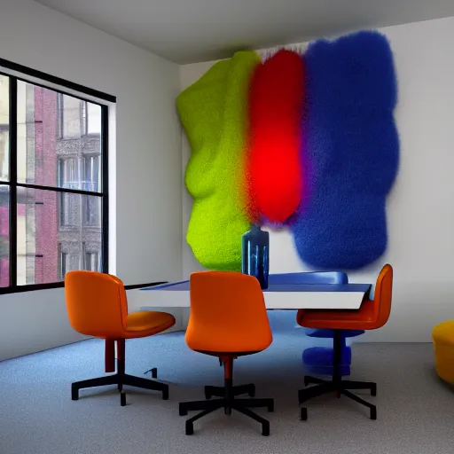 Image similar to : colorful abstract fuzzy sculpture art on the wall in modern architecture art studio soho new york, cinematic lighting, hyper - realistic, detailed, render by c 4 d octane, unreal engine, 8 k 3 d render