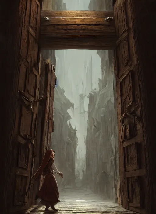 Image similar to a wooden womans faced carved into a wooden door, intricate Details, raphael lacoste, eddie mendoza, alex ross, john howe, concept art, matte painting, highly detailed, rule of thirds, dynamic lighting, cinematic, detailed, denoised, centerd, clean render