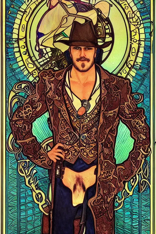 Prompt: a dramatic ethereal epic symmetrical painting of a handsome villainous cowboy standing in front of a steam train locomotive his shirt is unbuttoned and he has a pocketwatch tarot card art deco art nouveau ( steampunk ) homoerotic realistic by louis comfort tiffany and alphonse mucha trending on artstation