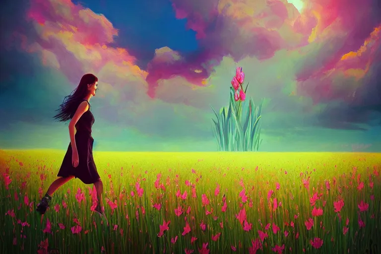 Image similar to closeup, giant gladiola flower head, girl in suit walking in field of flowers, surreal photography, sunrise, blue sky, dramatic light, impressionist painting, digital painting, artstation, simon stalenhag