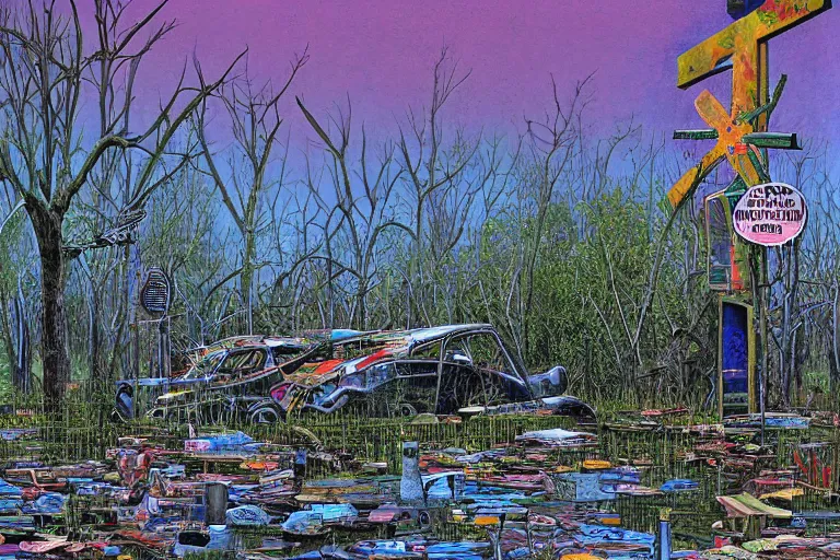 Prompt: scene fromlouisiana swamps, old protestant church with neon cross, junkyard by the road, boy scout troop, voodoo, artwork by jean giraud