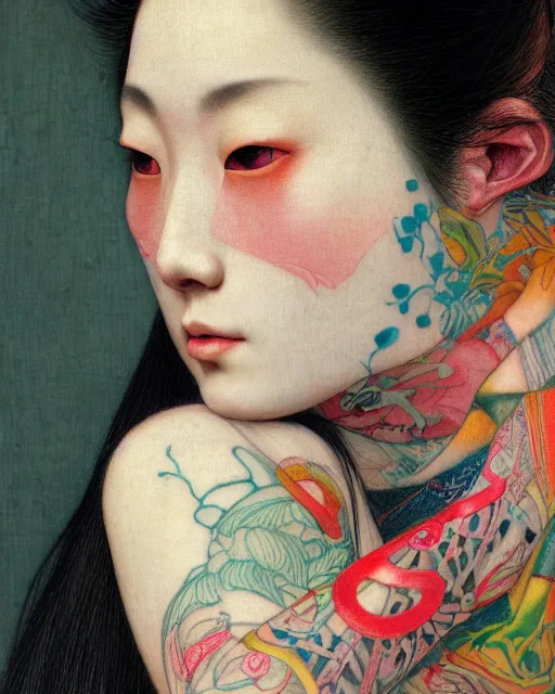 Prompt: close up of a beautiful japanese girl with colourful neon tattoos, by edgar maxence and caravaggio and michael whelan and delacroix style, artistic, intricate drawing, light brazen, realistic fantasy, extremely detailed and beautiful aesthetic face, 8 k resolution, dramatic lighting