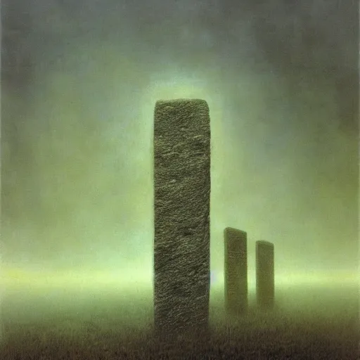 Prompt: arm reaching out of thick fog, 6 stelae growing out of the sky, zdzislaw beksinski