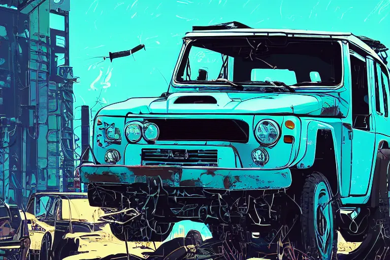 Image similar to digital illustration of a futuristic faded cyan mad max's fj 4 0 decrepit!!!! pursuit special, rusty!!! cyberpunk nissan fj cruiser heavily modded 1 9 9 0 s, the last v 8 interceptor by makoto shinkai, ilya kuvshinov, lois van baarle, rossdraws, basquiat