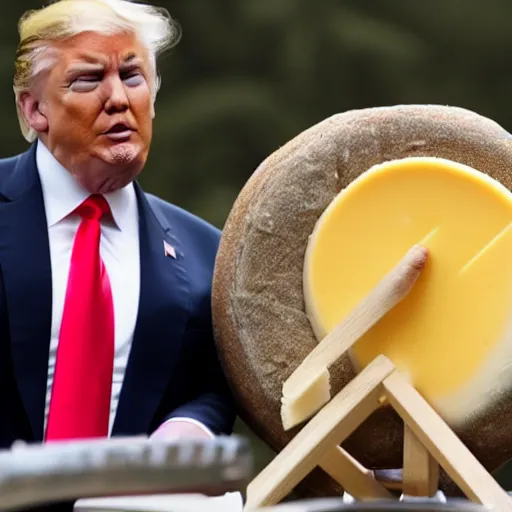 Image similar to donald trump eating a large wheel of cheese,