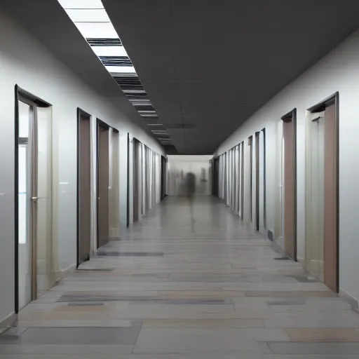 Image similar to an infinite hallway inside a rural european office building, with infinite doorways and infinite doors, every doorway leading to an alternate reality