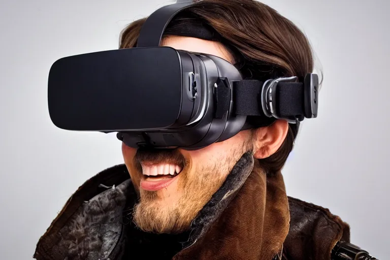 Image similar to a high quality product photography photoshoot of steampunk virtual reality goggles