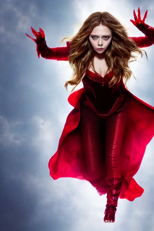 Prompt: Elizabeth Olsen as the Scarlet Witch, floating in the air with red eyes, red magic surrounds her, she is visibly angry, Trending on arstation, 8k quality