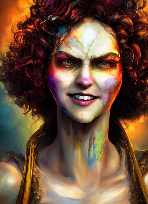 Prompt: an epic fantasy comic book style portrait painting of a girl wearing colorful makeup with a smile and curly brown hair stepping out of a doorway with light shining behind her, unreal 5, daz, hyperrealistic, octane render, cosplay, rpg portrait, dynamic lighting