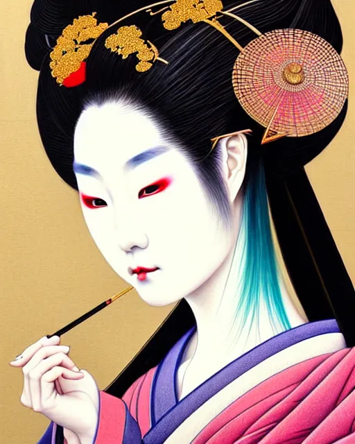 Image similar to portrait of a beautiful geisha, unusual beauty, quintessential, other worldly colors, head in focus, fantasy art, ornamental geisha aesthetics, intricate, elegant, highly detailed, hyperrealistic painting, artstation, concept art, painterly, sharp focus, illustration, art by chie yoshii