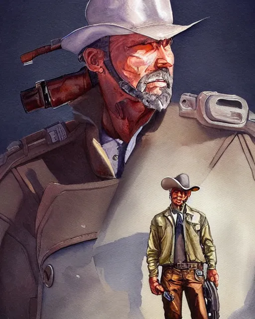 Prompt: a oil / watercolor painting full body character portrait of a turbine gunslinger in the style of moebius in the style of leonard boyarsky trending on artstation deviantart pinterest detailed realistic hd 8 k high resolution