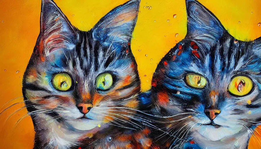 Image similar to cat, painting on canvas, watedrops, water droplets, acrylic painting, acrylic pouring, painting, influencer, artstation - h 8 0 0