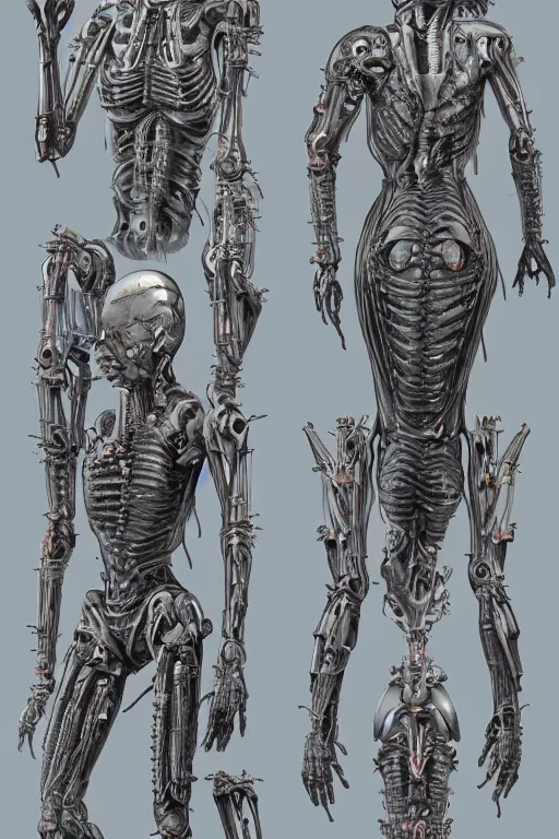 Image similar to cyborg queen with gunmetal grey skin, medical anatomy, very symmetrical face, highly detailed, mecha, three - perspective / three - view reference sheet ( front / back / side ), in the style of james gurney, dan ouellette, hr giger, sil from species, dren from splice, biomechanical, artstation, unreal engine