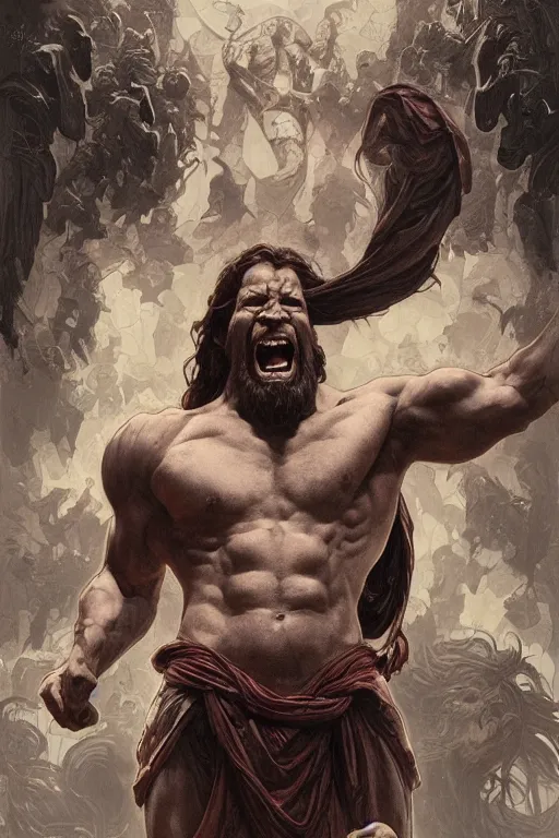 Image similar to hulking herculean ogre jesus christ, on the cross, masterpiece, intricate, elegant, highly detailed, digital painting, artstation, concept art, smooth, sharp focus, illustration, art by artgerm and greg rutkowski and alphonse mucha and uang guangjian and gil elvgren and sachin teng, symmetry!!