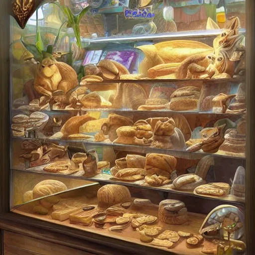 Prompt: “A fantasy store that has corgis made out of bread in glass case, similar to fidough Pokémon, Mexican market inspired, D&D, fantasy, intricate, cinematic lighting, highly detailed, digital painting, artstation, concept art, smooth, sharp focus, illustration, art by Artgerm and Greg Rutkowski and Alphonse Mucha”