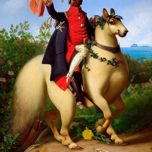 Image similar to a giant squirrel carrying napoleon bonaparte on its back, beach scene with flowers and foliage, detailed oil painting