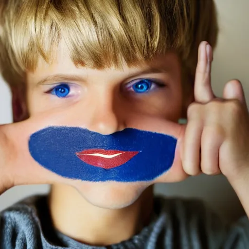 Image similar to portrait of a boy with his hand on his face, extremely realistic and real, photorealistic, blonde hair and blue eyes, detailed facial structure, real eyes that are detailed, real hands