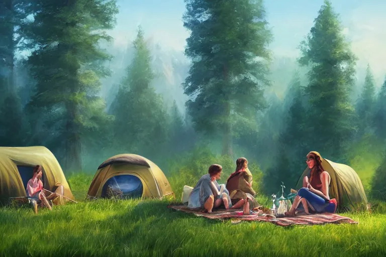 Prompt: meadow camping picnic 4 k, octane, digital painting, hyperdetailed artstation, concept art, sharp focus, illustration