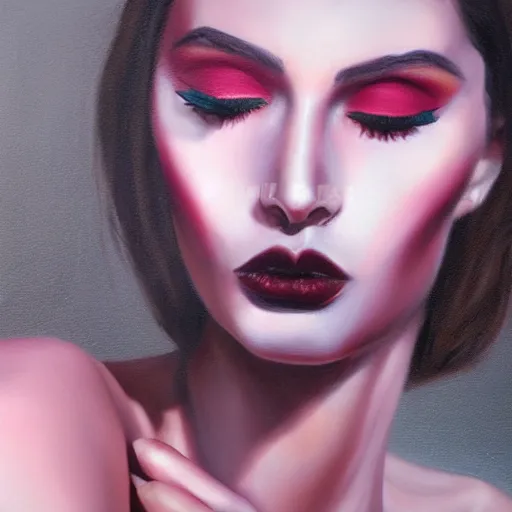 Image similar to hyperrealism oil painting, fashion model portrait, black lips, pink eyeshadow