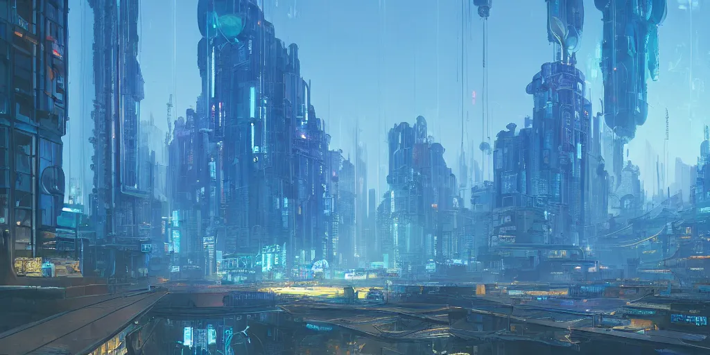 Prompt: translucent azure glass dome containing skyscraper city within, outside of it only ocean, Stalenhag style, cyberpunk, soft light, neon lights, 8k, high detail