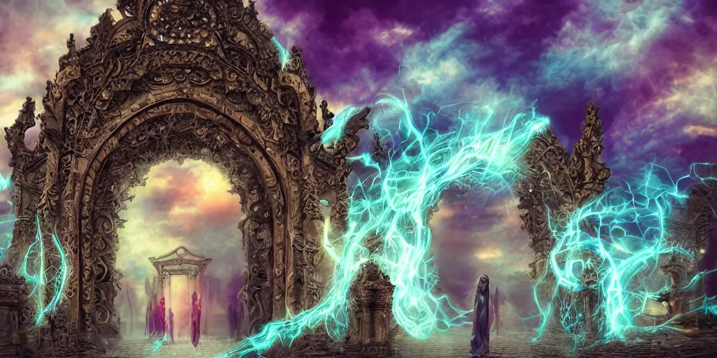 Prompt: [ palate ] [ nebulous energy ] [ muted colors ] soul spirits congregating in front of an intricate giant gothic gateway, deity spirit at the gate, vibrant neon nebulous clouds, paisley pattern synapse clouds, symmetrical details, hyper realistic illustration, radiant light rays, photorealistic illustration, intricate and fine details, volumetric lighting, artstation