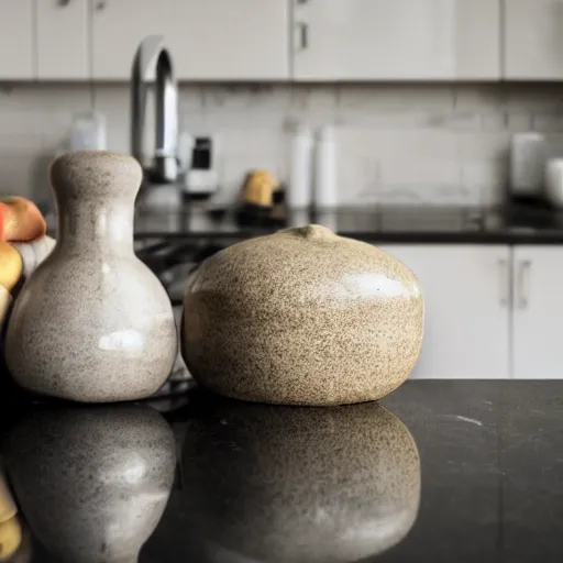 Prompt: three objects stacked on a kitchen countertop