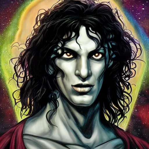 Prompt: An epic fantastic realism comic book style full shot painting of the Sandman, aka Dream, Hypnos, the endless, son of the night, son of time, the cosmic being who controls all dreams, Gothic, beautiful black hair, natural hair, good bone structure, sophisticated well rounded face, bright glowing eyes as LEDs, Lean Body, porcelain looking skin, standing tall, invincible, Dark Fantasy, blue hour, unreal engine 5, DAZ, hyper-realistic, octane render, symmetrical, attention to detail, Studio 4°C, vibrant bright colours, high saturation,extremely moody lighting, glowing light and shadow, atmospheric, cinematic, intricate, 8K, stunning, breathtaking, awe-inspiring. award-winning, concept art, nouveau painting, trending ArtStation